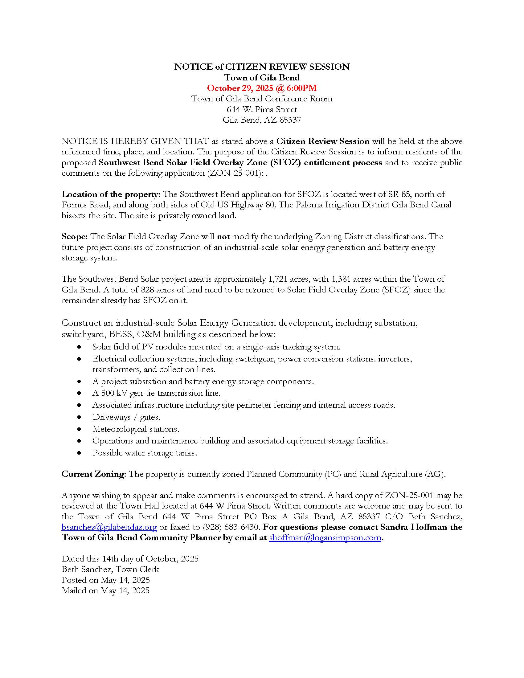 NOTICE Southwest Bend SFOZ Citizen Review Session_251014